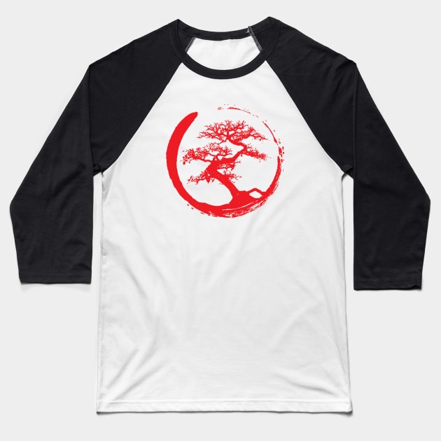 Zen Bonsai Tree in Enso Circle (red) Baseball T-Shirt by Elvdant